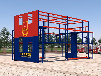 Fire Station Multi Level Training Structure Red Blue Steel With China Fire Rescue Logo 3d model