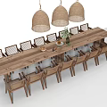 Rustic Dining Table Set with Woven Chairs Three Woven Pendant Lights and Table Plant Decor