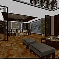 Traditional Chinese Private Dining Room With Round Table Carved Screens Chandeliers And Patterned Carpet