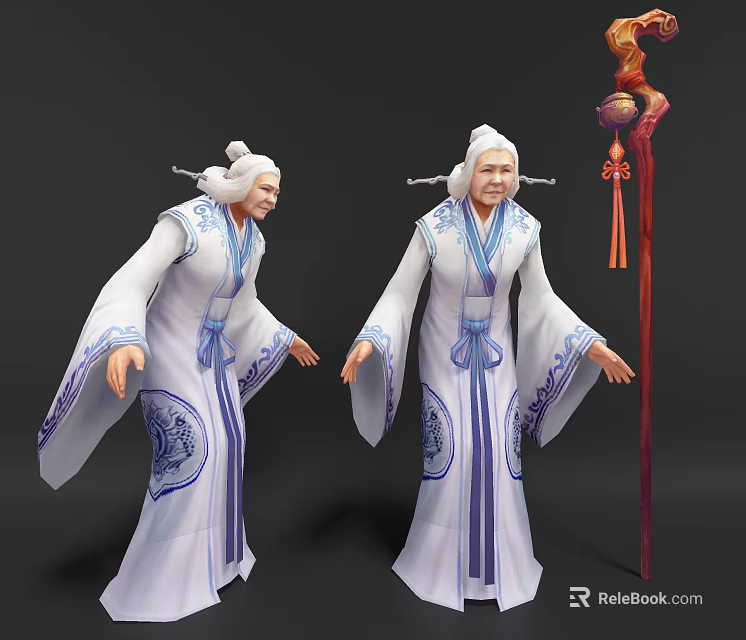 Game and Movie Character With White Hair White Robe Blue Patterns And Red Decorative Staff 3d model 