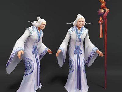 Game and Movie Character With White Hair White Robe Blue Patterns And Red Decorative Staff 3d model