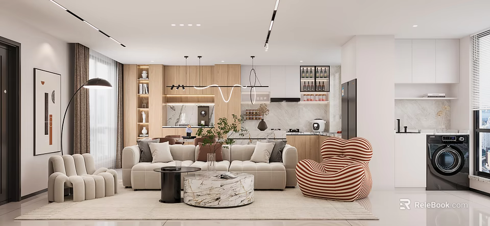 Modern Living Dining Room Interior With Sofa Coffee Table Striped Chair And Decorative Plants 3d model 