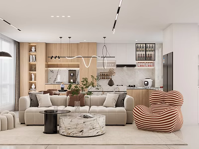 Modern Living Dining Room Interior With Sofa Coffee Table Striped Chair And Decorative Plants 3d model