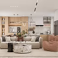 Modern Living Dining Room Interior With Sofa Coffee Table Striped Chair And Decorative Plants