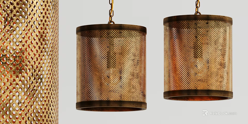 Brass Brown Chandeliers With Metal Mesh Shades And Chain Hanging On Gray Background 3d model 