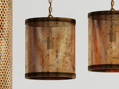 Brass Brown Chandeliers With Metal Mesh Shades And Chain Hanging On Gray Background 3d model