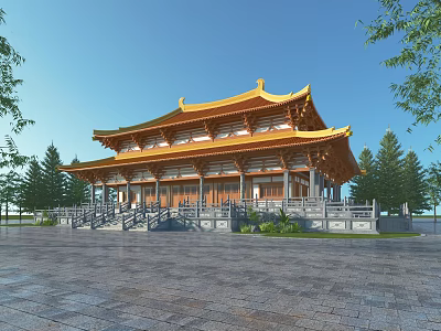 Ancient Traditional Chinese Building Featuring Golden Roof Multi tiered Eaves Stone Steps And Green Trees 3d model