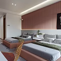 Modern Hotel Room With Twin Beds Brown Vertical Striped Wall And Black White Abstract Art