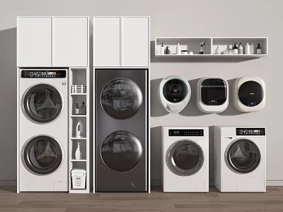 Modern Washing Machines In Various Styles With Stackable Designs And Storage Shelves 3d model