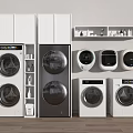 Modern Washing Machines In Various Styles With Stackable Designs And Storage Shelves 3d model