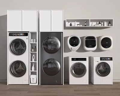 Modern Washing Machines In Various Styles With Stackable Designs And Storage Shelves 3d model