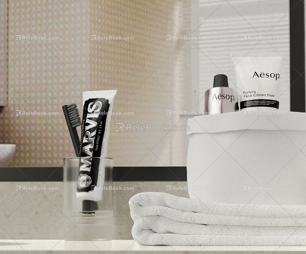 Modern toiletries toothpaste towel cosmetics model