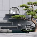 Gray Feature Wall With Circular Water Feature Stone Steps Pine Tree Rocks And Pond 3d model