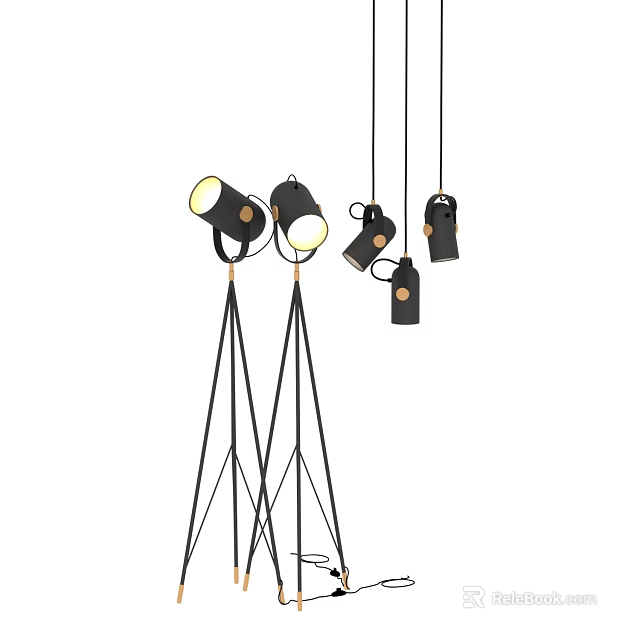 Modern Lighting Combination With Black Tripod Floor Lamps And Hanging Pendant Lights 3d model 