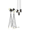 Modern Lighting Combination With Black Tripod Floor Lamps And Hanging Pendant Lights