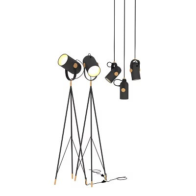 Modern Lighting Combination With Black Tripod Floor Lamps And Hanging Pendant Lights 3d model