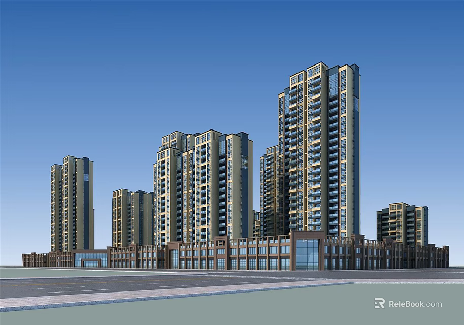 Modern Residential High Rise Buildings with Glass Facade and Balconies in Urban Area 3d model 
