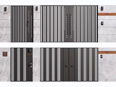 Modern Entrance Doors With Striped Design On Stone Wall Background And Door Plates 3d model