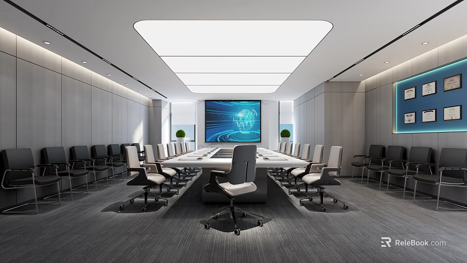 Modern Conference Room Interior Design With Long Table Large Screen And Office Chairs 3d model