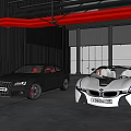 Black Audi Coupe and White BMW i8 Concept Cars in Industrial Garage Space