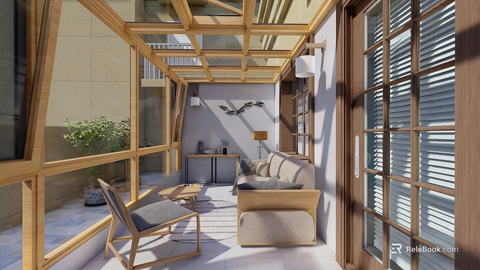 Modern Villa Balcony With Wooden Frame Ceiling Sofa Chair And Green Plant 3d model 