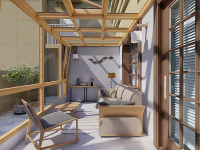 Modern Villa Balcony With Wooden Frame Ceiling Sofa Chair And Green Plant 3d model