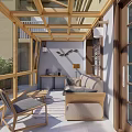 Modern Villa Balcony With Wooden Frame Ceiling Sofa Chair And Green Plant