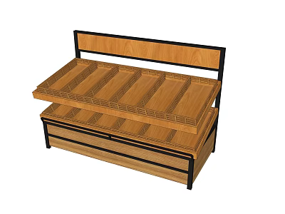 Wooden Display Shelf With Two Tiered Design And Black Metal Frame Structure 3d model