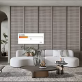 Modern Living Room With White Curved Sofa Wooden Lattice Wall And Round Coffee Table
