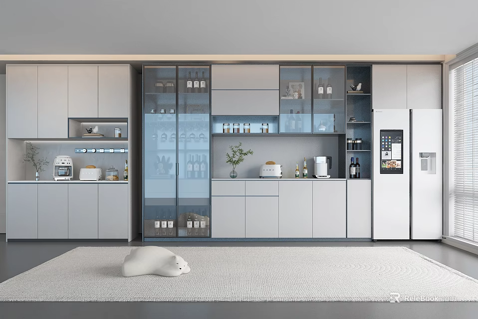 Modern Wine Cabinet With Glass Doors And Display Shelves In Kitchen Interior 3d model 