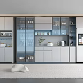 Modern Wine Cabinet With Glass Doors And Display Shelves In Kitchen Interior