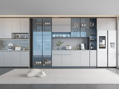 Modern Wine Cabinet With Glass Doors And Display Shelves In Kitchen Interior 3d model