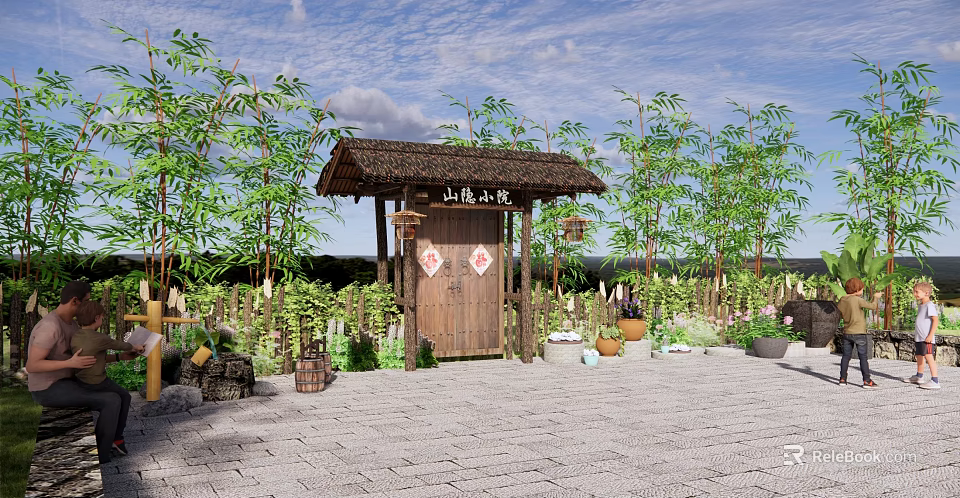 Chinese Pastoral Style Scenic Wall With Thatched Roof Wooden Door Bamboo And Green Plants 3d model 