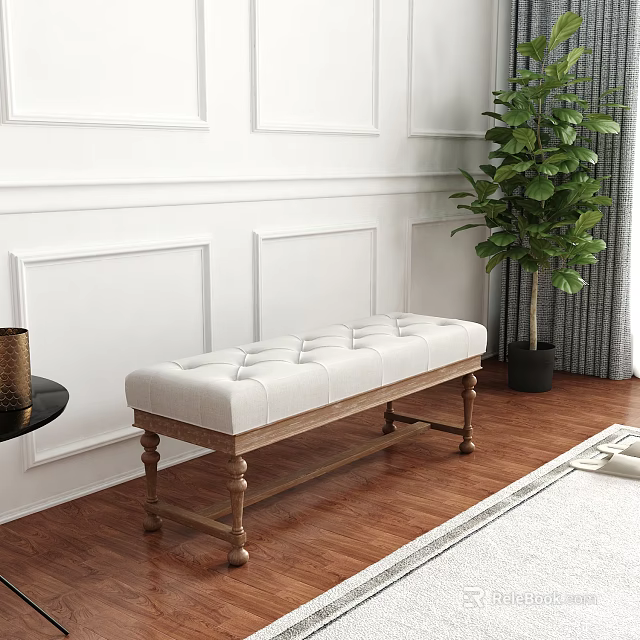 White Tufted Bench with Wooden Legs in Room with White Paneled Walls and Green Plant 3d model 