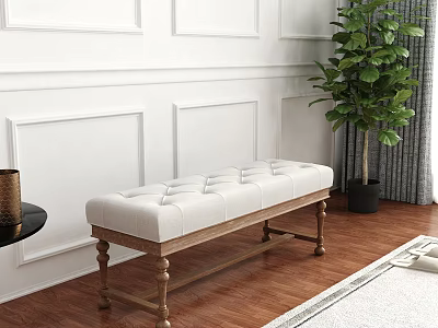 White Tufted Bench with Wooden Legs in Room with White Paneled Walls and Green Plant 3d model
