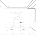Modern Restaurant Interior With White Dining Table Gray Chairs Black Framed Painting And Pendant Lights