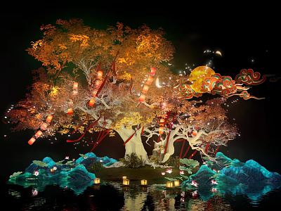 Nighttime Landscape Sculpture Featuring Decorative Tree Red Lanterns Moon Clouds Blue Rocks And Water Reflection 3d model