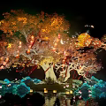 Nighttime Landscape Sculpture Featuring Decorative Tree Red Lanterns Moon Clouds Blue Rocks And Water Reflection