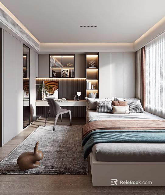 Tatami Bedroom Modern Interior with Desk Chair Bookshelf Decorations and Natural Light 3d model 