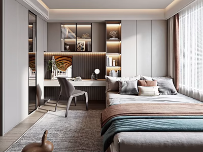 Tatami Bedroom Modern Interior with Desk Chair Bookshelf Decorations and Natural Light 3d model