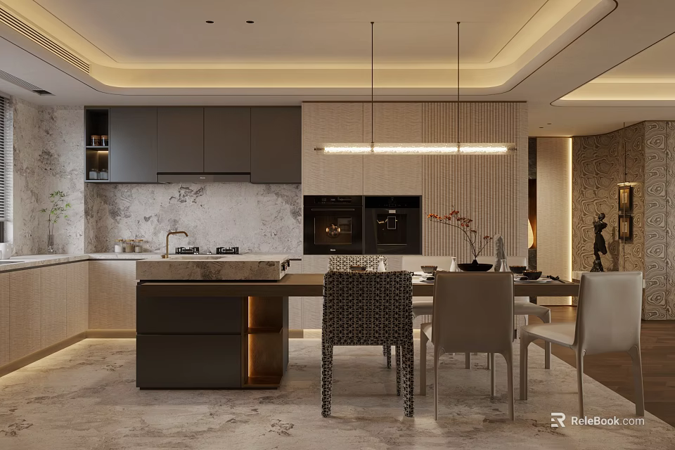 Modern Dining Kitchen Interior With Marble Backsplash Island Cabinets And Hanging Lights 3d model 