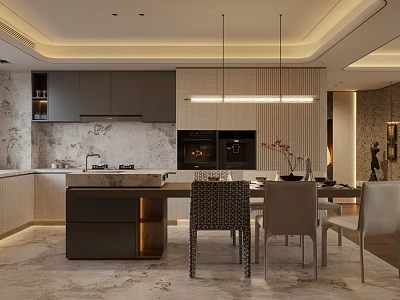Modern Dining Kitchen Interior With Marble Backsplash Island Cabinets And Hanging Lights 3d model