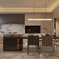 Modern Dining Kitchen Interior With Marble Backsplash Island Cabinets And Hanging Lights