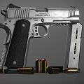 Close Up View of Silver Pistol with Open Magazine and Scattered Bullets