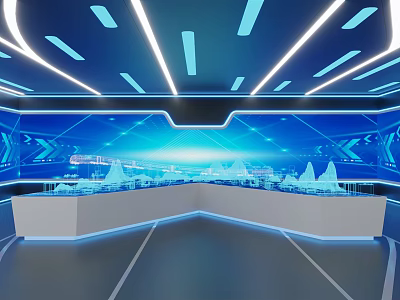 Futuristic Control Center With Blue Lighting Curved Console And Data Displays 3d model