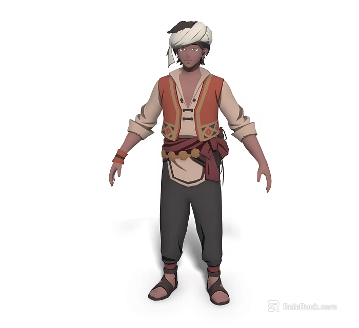Game And Movie Character With Headscarf Brown Vest Tan Shirt Dark Pants And Leather Sandals 3d model 