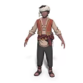Game And Movie Character With Headscarf Brown Vest Tan Shirt Dark Pants And Leather Sandals