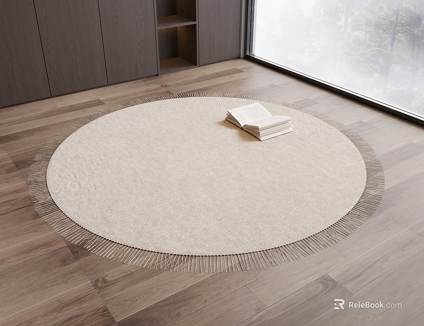 Neutral Toned Round Carpet With Fringe On Wooden Floor 3d model 