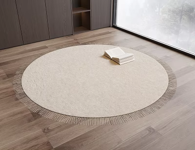 Neutral Toned Round Carpet With Fringe On Wooden Floor 3d model