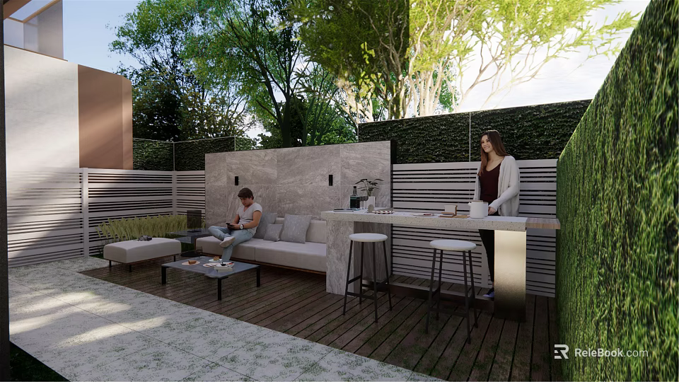 Outdoor Garden Courtyard With Wooden Deck Sofa Bar Stools And Lush Green Plants 3d model 